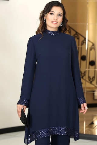 Umay Şifon Tunik Pantolon İkili Tesettür Takım Lacivert Lacivert