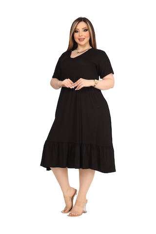 Melsay Butik Göğüsten Robalı V Yaka Kısa Kollu Siyah Cepli Elbise Siyah