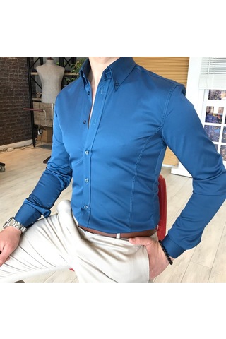 Italyan Stil Slim Fit Dik Yaka Saten Erkek Gömlek Lacivert T4752