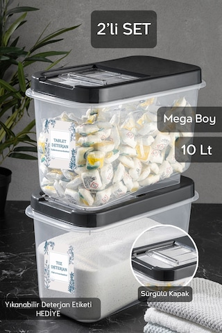 Meleni Home 2'li 10 Lt Mega Etiketli Toz Tablet Deterjan Saklama Kutusu Kayar Kapaklı Banyo Düzenleyici Antrasit