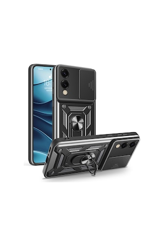Zore Galaxy Uyumlu S25 Edge Kılıf Magnetik Standlı Kamera Korumalı Sys Sürgülü Vega Kapak - Siyah