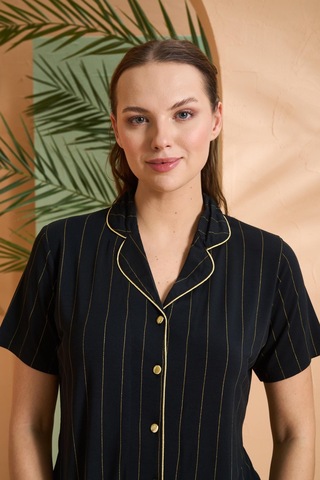 Pjs Kadın Gold Detaylı Çizgili Boydan Düğmeli Kısa Kol Pijama Takım Siyah