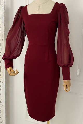 Ges Moda M1990 Kare Yaka Şifon Kollu Elbise Bordo-bordo