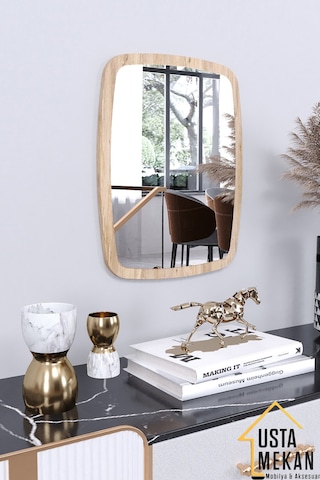 Usta Mekan Ceviz Dekoratif Yuvarlak Kenar Büyük Antre Hol Koridor Duvar Salon Wc Ofis Aynası 60 Cm