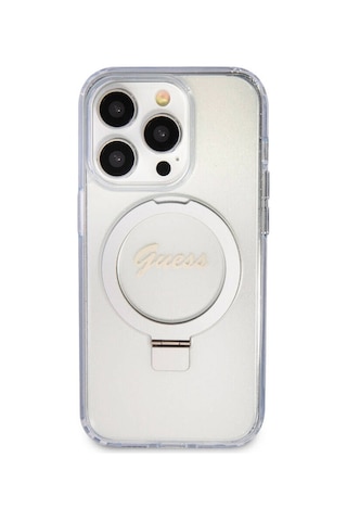 Apple Uyumlu iPhone 15 Pro Max Kılıf Guess Lisanslı Magsafe Özellikli Simli Ring Standlı
