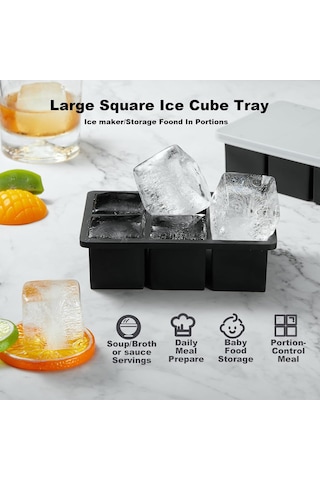 Dianziye 3'lü Büyük Silikon Kare Buz Kalıbı Seti - Kokteyller İçin Dayanıklı Ve Şık Buz Hazırlama Tepsileri Siyah