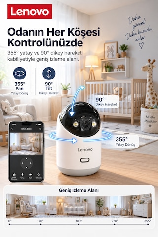 Lenovo Ev Kamerası Bebek Kamerası 2k 3mp, Wifi, Sesli, 360 Ptz, Mobil Kontrol, Hareket Takip, Iç Mekan Kamera Lnvc35u