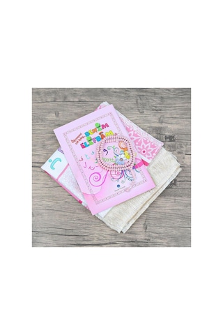 Çocuk Seccadesi Ve Eğitici Kitabı Namaz Seti - Pembe 45x82 Cm - 110 Gr - Tesbih Çok Renkli