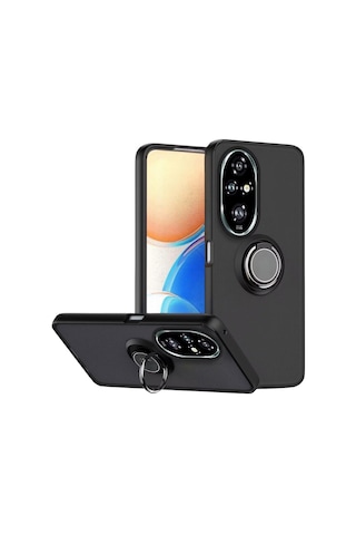 Honor 200 Uyumlu Kılıf Yüzüklü Standlı Extra Darbe Koruma Sert Silikon Kapak - Siyah