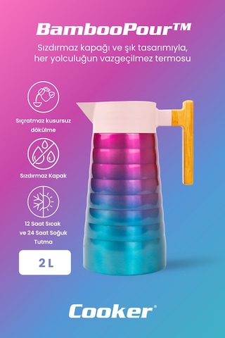 Cooker Bamboopour 2 Litre Paslanmaz Çelik Bambu Saplı Termos Ckr2097 Pembe