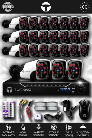 Turkno 24 Kameralı Pania 24 Dış Kamera Set HDD'siz Full HD Gece Görüşlü Güvenlik Kamerası Sistemi