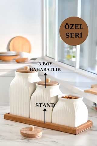 4'lü Standlı Vakumlu Ahşap Kapaklı Beyaz Kavanoz Seti Takımı Baharat Çay Tuz Şeker Kahve Kavanozu Beyaz - Kahverengi