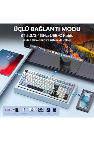 Aula F99 Mekanik Rgb Graywood V4 Switch 3 Modlu Kablosuz Makrolu Hot Swap Türkçe Q Klavye Lacivert