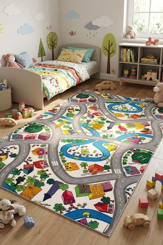 Raschel Carpet Premium Antialerjik Yıkanabilir Kalın Trafik Desenli Yumuşak Kaymaz Taban Halı Mavi