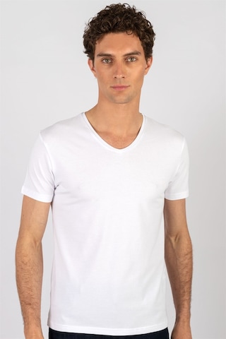 Tudors 16652 Slim Fit Dar Kesim V Yaka Kısa Kol Basic Erkek Tişört Beyaz