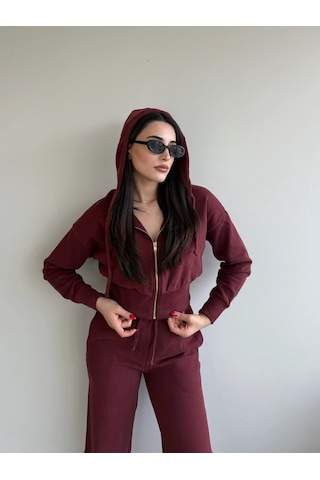 Laluvia Bordo %100 Pamuk Kapüşonlu Fitilli Takım - 51232 Bordo