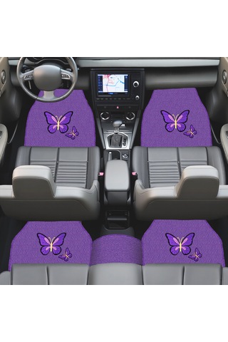 Kelebek Desenli Nakışlı Mor Renk 5 Li Oto Halı Paspas Seti Şık & Dayanıklı Araç İçi Aksesuar