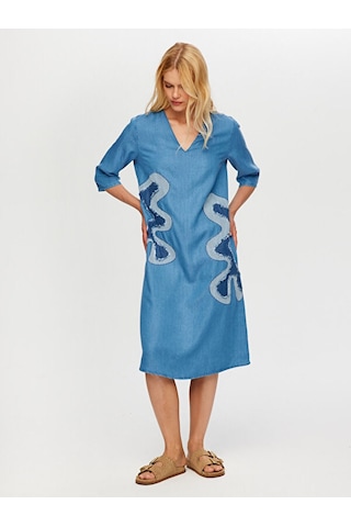 Faik Sönmez Soyut Aplike Detaylı V Yaka Tenselli Jean Elbise S25jel001 Us25jel00127 Indigo