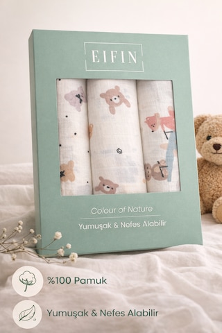 Eifin Çok Amaçlı Müslin Örtü & Battaniye 3'lü Set %100 Pamuk Oeko-tex Sertifikalı Kutulu Krem