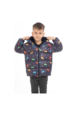 Erkek Çocuk Içi Polarlı Kapüşonlu Araba Yıldız Ay Desenli Kışlık Şişme Mont Lacivert