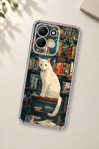 Redmi 17 4g/5g Uyumlu Kitaplık Beyaz Kedi Tasarımlı Baskılı Silikon Kılıf