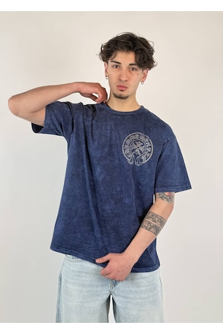 Zaee Vintage Washed Taşlı Oversize T-shirt Lacivert