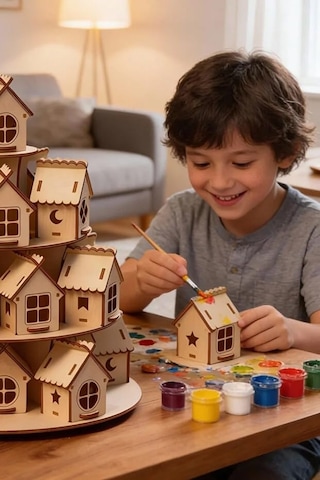 24 Parça Boyanabilir Mini Ahşap Ev Seti Eğitici Etkinlik Ve Dekor Oyunu Maket Ev Genel