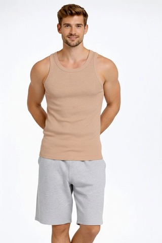 Assema Erkek Spor Fitilli Atlet 2'li Set Kahverengi Ve Beyaz Slim Fit Kaşkorse Arka Baskılı Spor Atlet Çok Renkli
