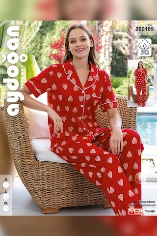Aydoğan Kadın Necla Önü Düğmeli Kısa Kol Kırmızı Pijama Takımı 0185