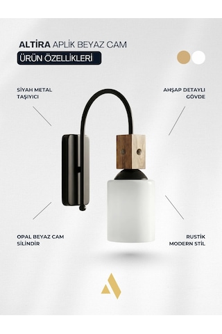 Altira Ahşap Süslemeli Duvar Apliği Rustik Modern Stil, Opal Ve Bal Camlı Beyaz
