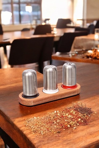 Ahşap Stantlı Baharatlık Ve Tuzluk Seti 3'lü Paslanmaz Çelik Kafe Restorant Diğer