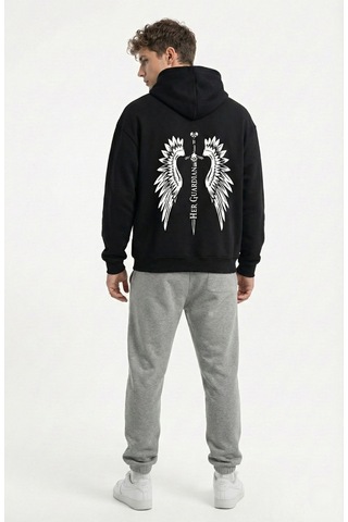 Nevermind Unisex His Angel & Her Guardian Baskılı Sevgili Kombini Hoodie Se Siyah