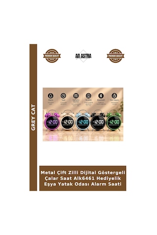 Metal Çift Zilli Dijital Göstergeli Çalar Saat Alk6461 Hediyelik Eşya Yatak Odası Alarm Saati Çok Renkli