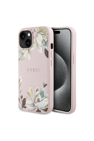 Apple Uyumlu iPhone 15 Kılıf Guess Lisanslı M-safe Özellikli Taneli Çiçek Tasarımlı Metal Yazı Logolu Kapak Pembe