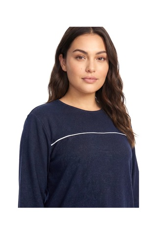Najmaddin.com Beru Kadın Büyük Beden Lacivert Uzun Kollu Pijama Takımı Şerit Detaylı Rahat Ev Giyim Seti
