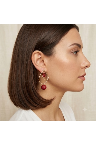 Rhea Jewelry Çelik Geometrik Kırmızı Boncuklu Sallantılı Kadın Küpe Gold 7 Cm Altın - Kırmızı