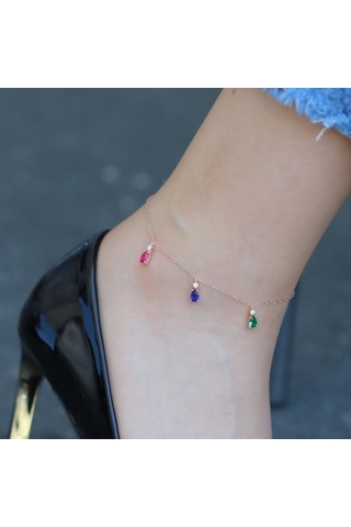 Renkli Zirkon Taşlı Damla Modeli Rose Gold Kaplama Gümüş Halhal Gümüş