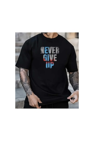Panda Baskı Tekstil Never Give Up Baskılı Özel Tsarım Oversize Tshirt Siyah