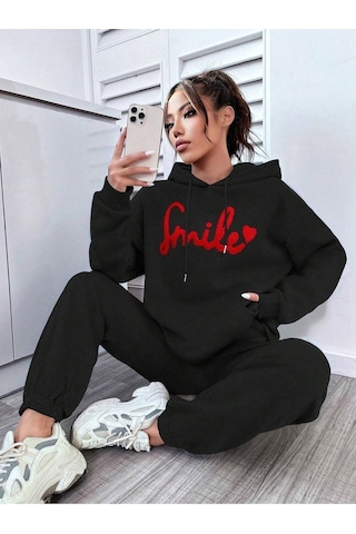 Smile Eşofman Takımı Sweatshirt Jogger - Siyah Baskılı Oversize Şardonlu Kapüşonlu Siyah
