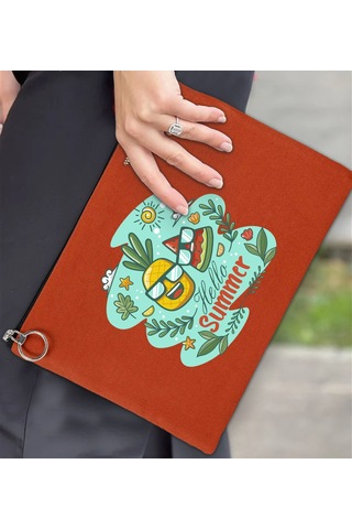 Bk Gift Yaz Temalı Astarlı Kiremit Portföy Çanta 30x21cm, Baskılı El Çantası, Organizer Çanta Çok Renkli