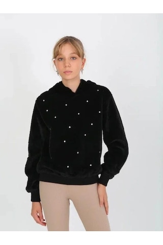 Kız Çocuk Taşlı Peluş Kapüşonlu Sweatshirt-14827 Siyah