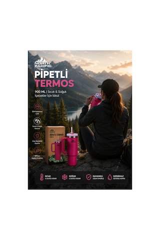 North Pacific 900 Ml Pipetli Paslanmaz Çelik Termos Bardak Pembe Çift Katmanlı Vakumlu Seyahat Kupası Pembe