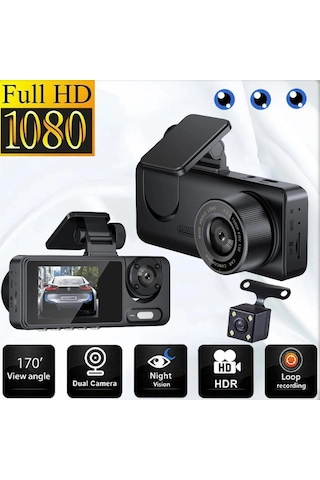 Wifi 1080p Araç Kamerası, Sürüş Kaydedici, 2 İnç Ips Ekran, Üçlü Lens, Araç Kamerası, G-sensörü, Hareket Algılama, Araba Aksesuarları