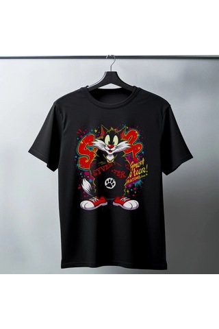 Freedom Store Sylvester Graffiti Baskılı Unisex Siyah Oversize Tişört - 24/1 Penye