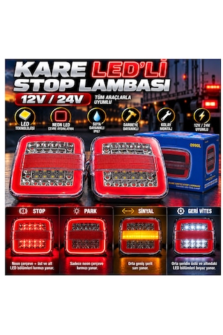 2'li Set 12v-24v Uyumlu Neon Led'li Kare Stop Lambası Fonksiyonel Stop Park Sinyal Geri Vites Kamyonet Kamyon Römork Uyumlu