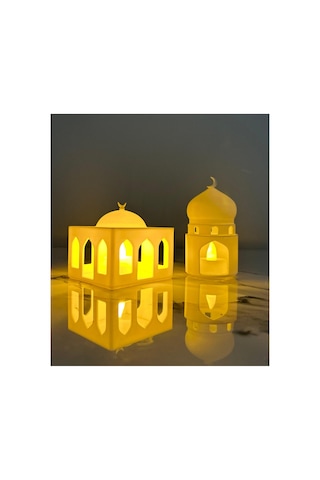 Ramazan Temalı Cami Minare Mescit Kubbe Figürü İkili Set Işıklı Pilli Mumluk Ev Aksesuarları Beyaz