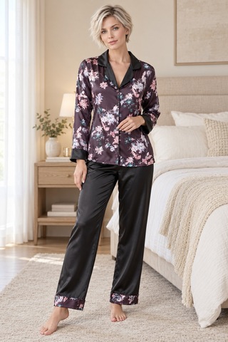 Loule Kadın Siyah Çiçekli Gömlekli Saten Pijama Takımı Uzun Kollu