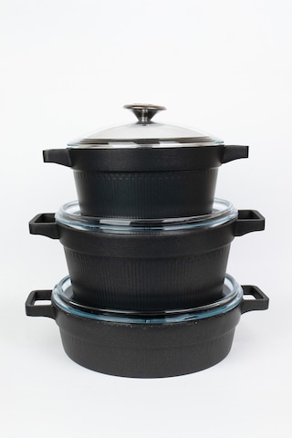 Masterchef Döküm 7 Parça Set Çizgili Tencere Siyah