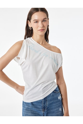 Koton Viskon Karışımlı Slim Fit Kısa Kollu Omzu Açık Baskılı Tişört Ekru 6sal10912ık