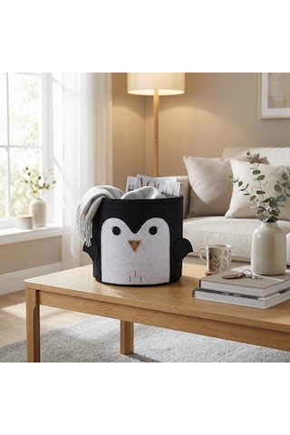Koçtaş Penguen Desenli Keçe Kutu 25 x 25 Cm Siyah